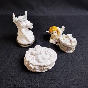 Set Of 3 Vintage Cherub Themed Trinket Boxes 1 Porcelain 2 Resin
